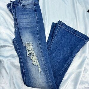Blue Flare Wide Leg Jeans with Distressed Details